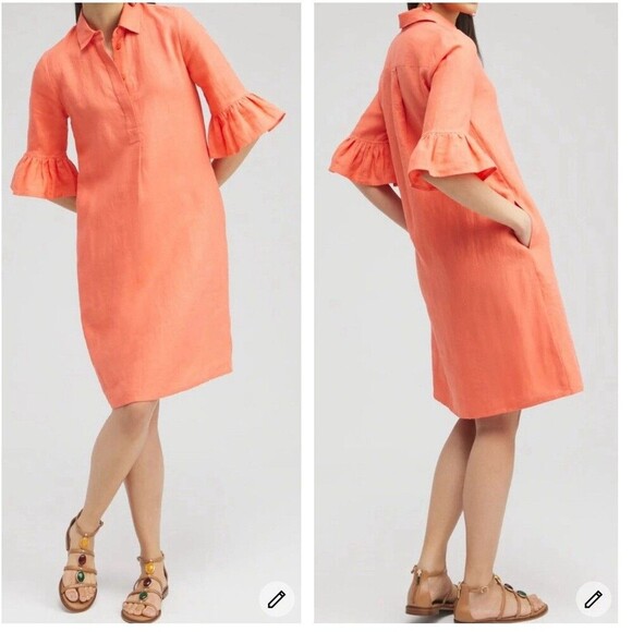 Chicos Linen Orange Fluted Sleeve Shift Dress Sz 8 Pockets Collared Minimalist - Picture 2 of 11
